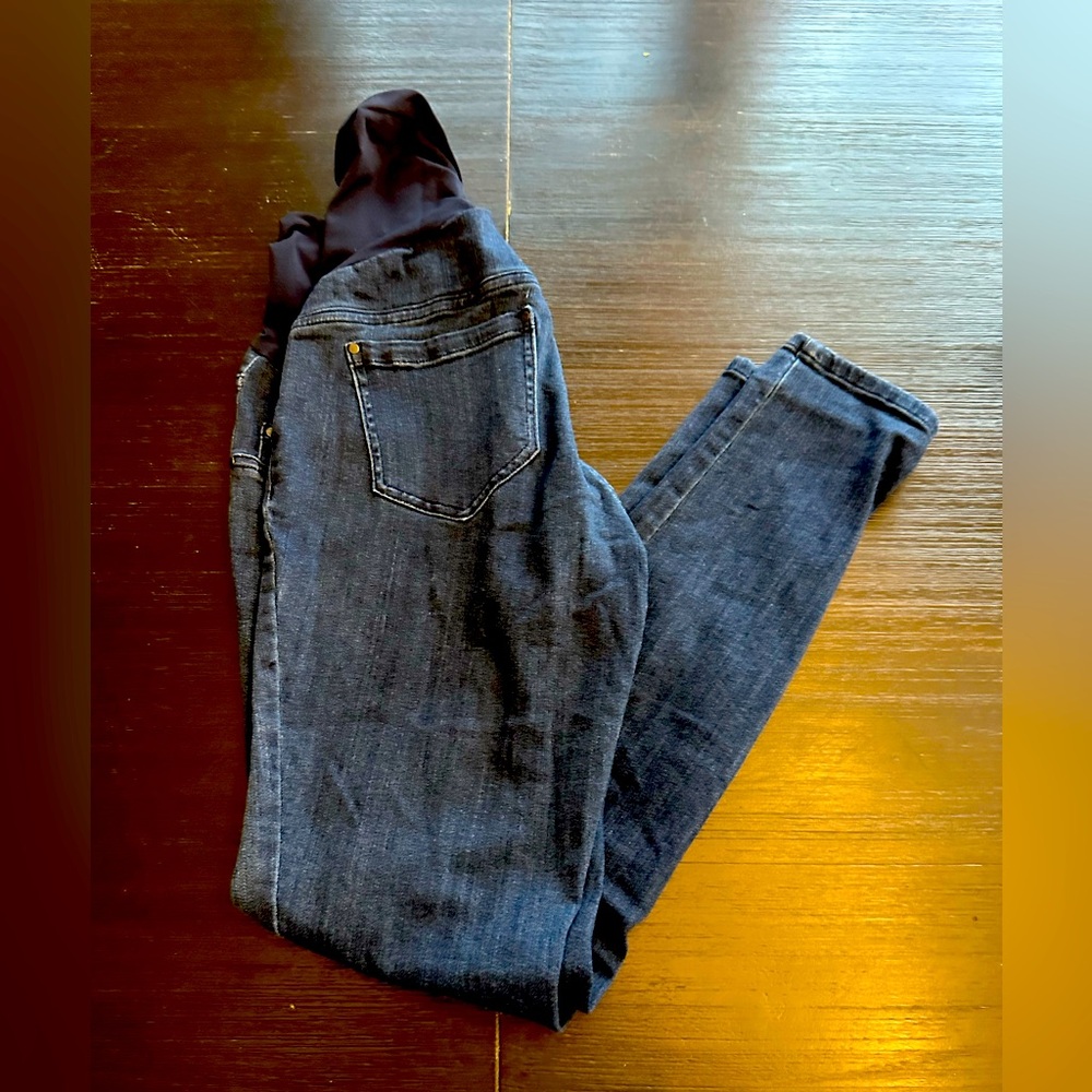 Indigo blue, blue maternity jeans.